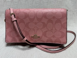 Coach Anna Pink Fold Over Crossbody Signature Coated Canvas And Leather EUC - Picture 1 of 7