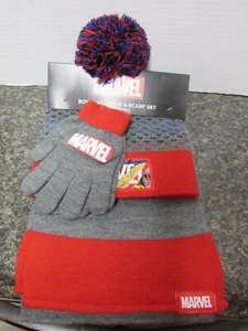 New Marvel Boys Hat Glove Scarf Set One Size Fits Most Multi Color Pom Casual - Picture 1 of 4