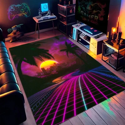 Modern 3D Virtual World Area Rug 2x3 Neon Color Night Falls Print Carpet - Image 1 of 4