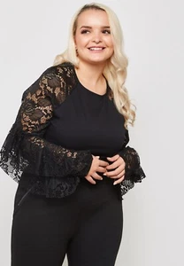 Lost Ink Womens Raglan Long Lace Sleeve Bodysuit Ruffle Black Sz 22 ? - Picture 1 of 10