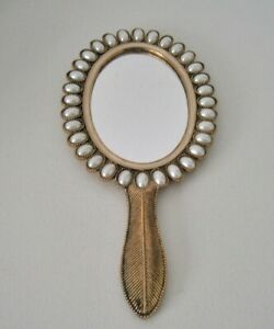 Ornate Gold Metal Hand Held Vanity Mirror with Oval Pearl Border Trim