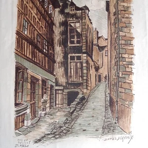 Saint Malo Rue du Pelicot Daniel Derveaux Rare Lithographie Originale 1945 48cm - Picture 1 of 14