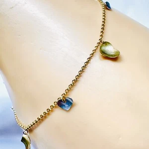 Vintage Italy 14k Yellow & White Gold Dangle Heart 10" Anklet Bracelet - Picture 1 of 6