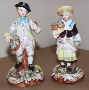 2 Antique 1872-1892 John Bevington Porcelain Figurines Man Woman Flowers 6.7"