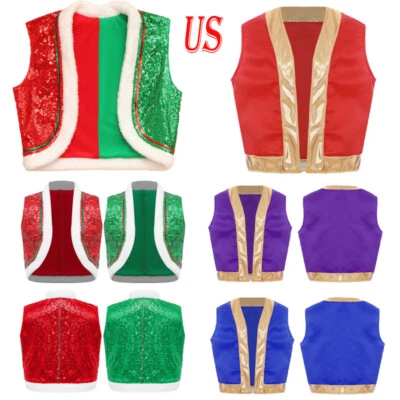 Kids Christmas Vest Sleeveless Santa Elf Waistcoat Faux Fur Hem Jacket Coat - Image 1 of 3