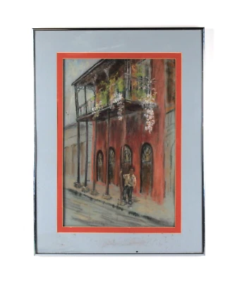 Pintura acuarela cuarto francés de Nueva Orleans de mediados de siglo sin firmar Foto 1 de 4