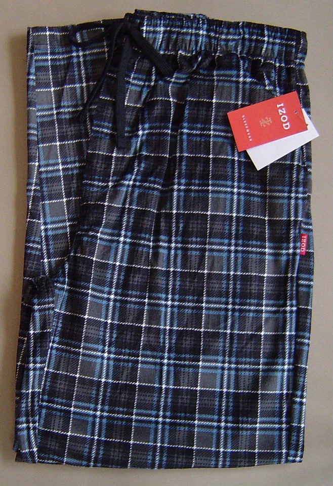 NUEVO CON ETIQUETAS $36 IZOD Hombres L PIJAMA PANTALONES DE SALÓN POLAR Medio Azul Cuadros Foto 1 de 1