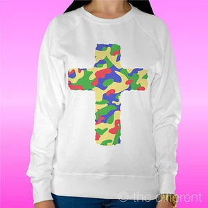 Felpa Mujer Luz Suéter Blanco "Cruzar Militar Colorida Cross " - Picture 1 of 1