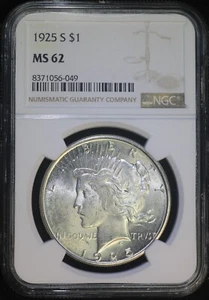 1925 S $1 Peace Silver Dollar NGC MS62 Better Date Flashy Coin #N49 - Picture 1 of 2