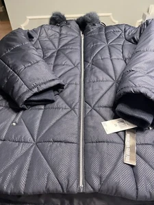 Blue Quilted Puffer Faux Rim Lined Detachable Hood Jacket Coat 2X - Picture 1 of 15