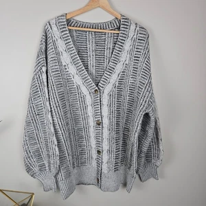 Oversized Grandpa Knit Cardigan Sweater Large Black White Long Sleeve Boho Vneck - Picture 1 of 11