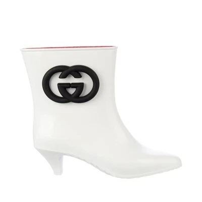 Gucci Mujer Goma Tobillo Lluvia Bota con Enclavamiento G Blanco Negro 37 Foto 1 de 4