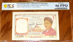 BILLETE PCGS Indochina Francesa One Piastre ND1946 P54e Sin Circular Grado 66PPQ - Imagen 1 de 4