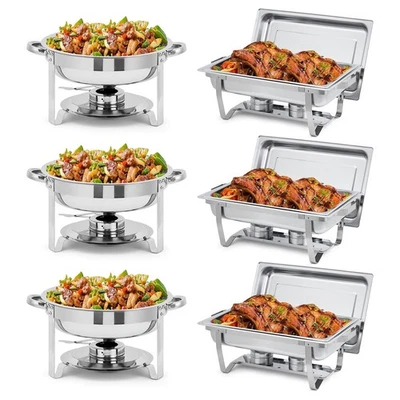Set of 6 Stainless Steel Chafing Dish Buffet 8 Qt Rectangle & 5 Qt Round Chafers - Image 1 of 4