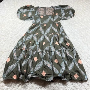 Ulla Johnson Dress Nora Tiered Olive Green Pink Diamond Print Puff Sleeve Cotton - Picture 1 of 17