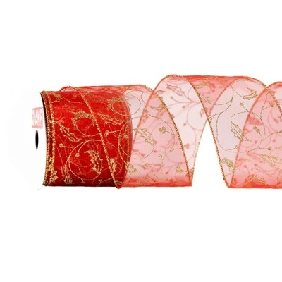 Cinta transparente de organza roja de 2,5 pulgadas x 10 yardas con patrón de remolino brillante Foto 1 de 4