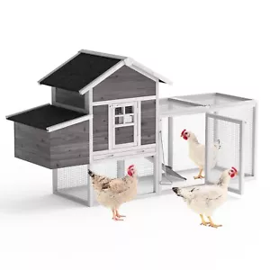 80" Chicken Coop Outdoor Wooden Hen House Backyard Farm w/ Nesting Box Run Grey - Picture 1 of 7