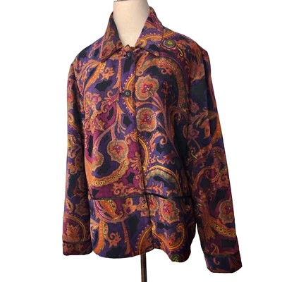 Chaqueta Coldwater Creek Paisley Mujer Grande Boho Púrpura Naranja Audaz Colorida Foto 1 de 4