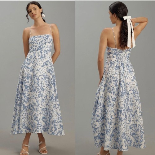 Maxi abito midi Reformation Monette lino floreale Larkspur blu bianco