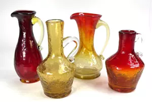Vintage Crackle Glass Mini Pitches Vases Amberina Art Glass Hand Blown Lot of 4 - Picture 1 of 15