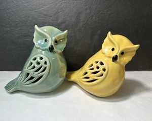 Ceramic Glazed Owl Figurines Green Yellow Indoor Outdoor Decor - Picture 1 of 6