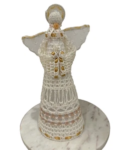 Ornamento angelo avorio vintage uncinetto pizzo e perle perline 11"x4" - Foto 1 di 8