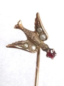 VICTORIAN 10K GOLD SEED PEARL & RED BIRD Dove SWALLOW STICK PIN .8 GRAMS - Picture 1 of 11