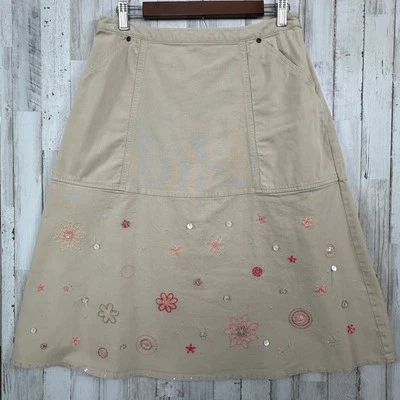 Falda J Jill Línea A 8P Sarga Caqui Floral Bordada Boho Cottagecore Hippie Foto 1 de 4