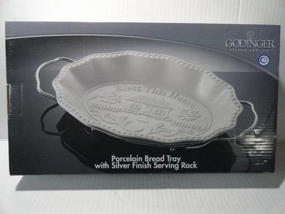 GODINGER PORCELAIN BREAD TRAY w/ SILVER FINISH SERVING RACK  - NEW IN BOX - NIB - Image 1 of 2