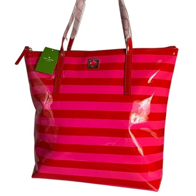 Kate Spade Pink Red Striped Tote Bag Shoulder Handbag Leather Large - Image 1 of 4