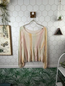 Anthropologie Pastel Rainbow Striped Linen Blend Peplum Sweater - Size - Medium - Picture 1 of 6