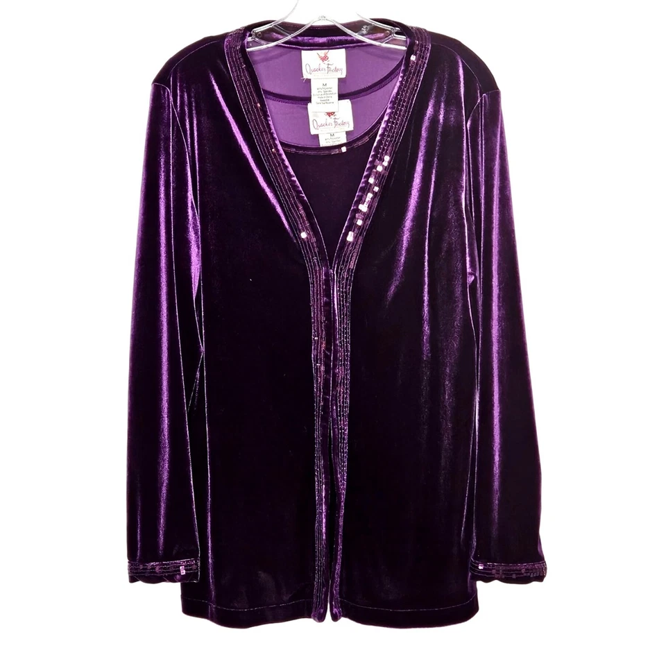 Quacker Factory 2Pc Cardigan Tank Womens Medium Sequins Purple Velour Set - Image 1 of 4