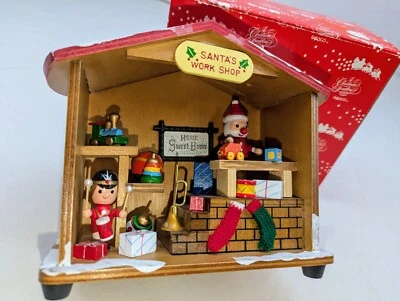 1987 Enesco Animated Christmas Santas Work Shop Wooden Music Box Plays Toyland  - Image 1 of 4