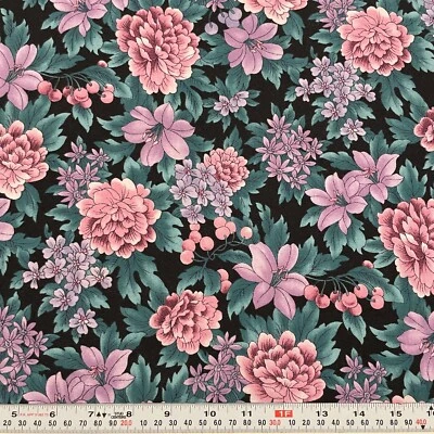 Countryside by Hoffman Fabrics Florals on Black Cotton Fabric Remnant 16" x 42" - Image 1 of 2