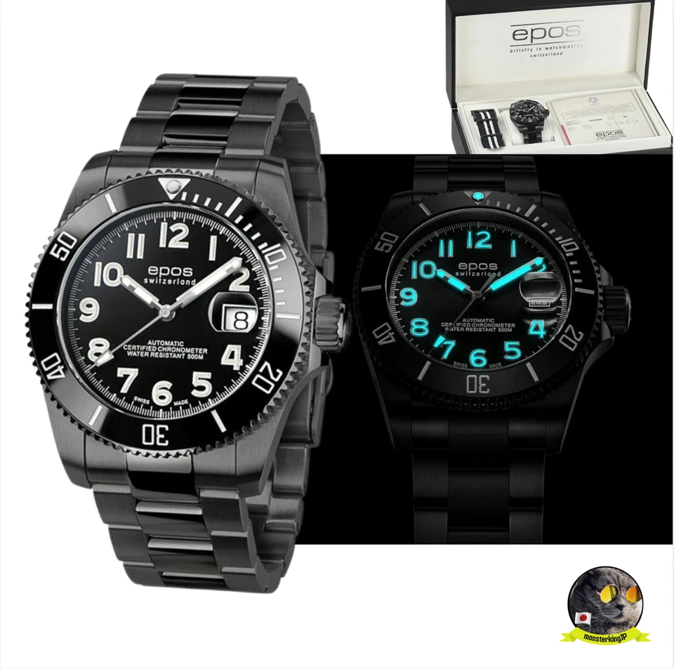 Box Paper Epos Sportive 3504 Diver 500m Automatic Green Mens Watch 41 mm JAPAN