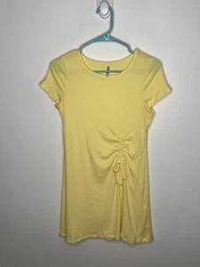 Fab Kids Ribbed Knit Dress Girls Size Large 10-12 Yellow Short Sleeve Ruched - Picture 1 of 3