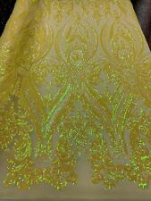 Yellow Iridescent _4 Way Stretch Sequins Yellow Spandex Mesh Fabric By The Yard