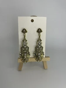 Vintage Art Deco Gold Tone Rhinestone 3″ Drop Dangle Earrings – Elegant Retro - Picture 1 of 4