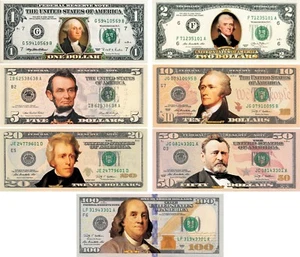 * Complete Set of 7 * COLORIZED 2-SIDED U.S. Banknotes $1/$2/$5/$10/$20/$50/$100 - Picture 1 of 3