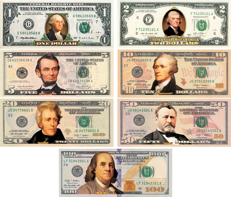 * Complete Set of 7 * COLORIZED 2-SIDED U.S. Banknotes $1/$2/$5/$10/$20/$50/$100 - Image 1 of 3