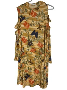 Sz L Multicolor Floral Butterfly Cold Shoulder dress or long tunic Tan cream - Picture 1 of 6