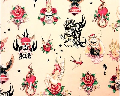 AH295 Piel Tatuajes Profundos Calaveras Dados de Tigre Vicio Rosa COOL Popelina Tela de Algodón Foto 1 de 2