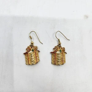 Christmas Gift Box Dangle Earrings Red & Green Rhinestones Gold Tone Pierced - Picture 1 of 4