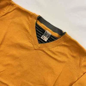 French Tap a L'oeil Kid Solid Yellow Grey Elbow Patches Cotton V Neck Sweater 8y - Picture 1 of 6