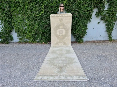 Neutral Runner 3x11, Turkish Runner Beige, Handmade Wool RunnerRug Vintage Style - Image 1 of 4