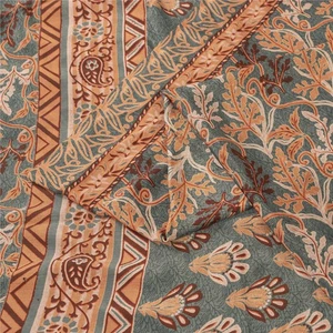 Sanskriti Vintage Gray & Peach Sarees Moss Crepe Printed Sari 5+Yd Craft Fabric - Picture 1 of 12