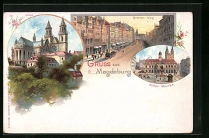 Lithographie Magdeburg, Dom, Alter Markt, Strasse Breiter-Weg  - Picture 1 of 2