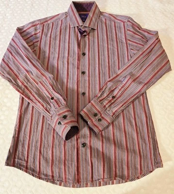 Tallia Mens Small Button Down Long Sleeve Shirt Burgandy Striped - Image 1 of 4