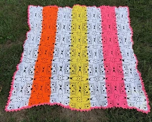 Vintage Handmade Crochet Blanket Throw Afghan Pink Orange White Yellow Trim Pink - Picture 1 of 7