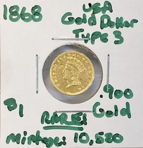 1868 US $1 Dollar Gold Indian Princess Type 3 - 10,500 Mintage - Rare Key Date - Picture 1 of 24